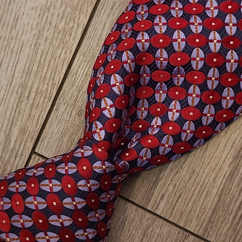 IKE BEHAR Metallic Red Blue Silver Abstract Ovals Pattern Mens Silk Tie‎